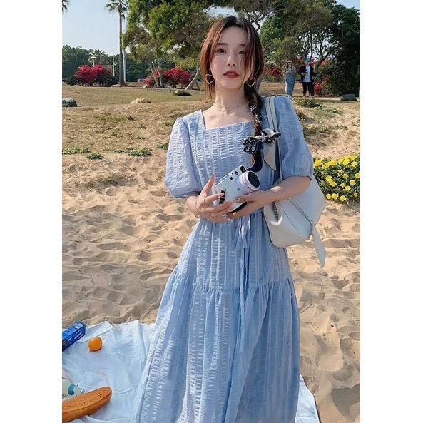 -Đầm maxy cổ vuông tay phồng