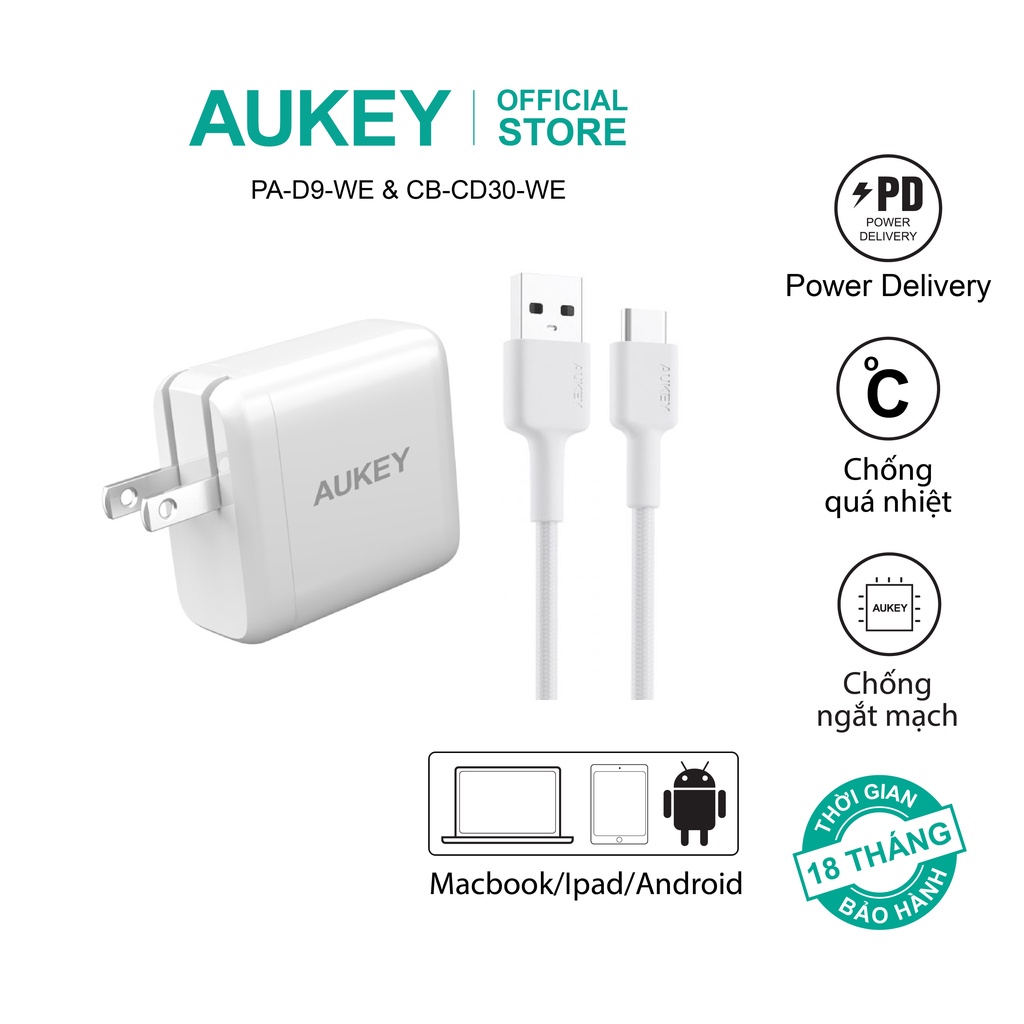 Combo bộ sạc Aukey PA-D9 và cáp sạc CB-CD30 công nghệ GaN 65W nhỏ gọn dành cho Laptop, Macbook, ipad