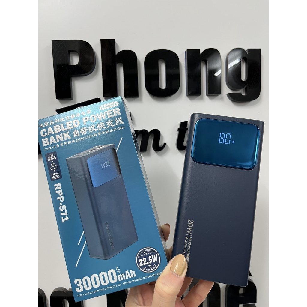 Pin sạc dự phòng chính hãng REMAX RPP-571 30000MAH, QC3.0+PD 22.5W, tích hợp 2 cáp