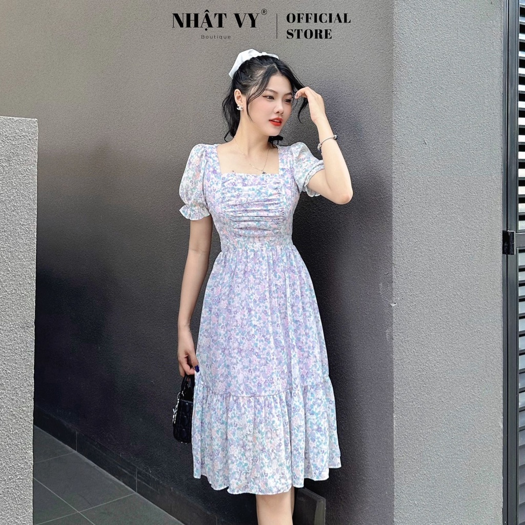 Đầm hoa nhí đi chơi Nhật Vy cổ vuông nhún ngực chất voan phù hợp dạo phố công sở cafe nhẹ nhàng - D2681