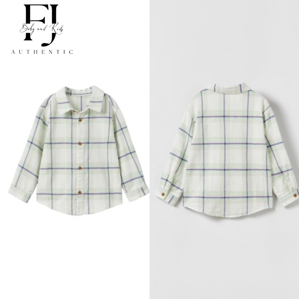 Áo sơ mi kẻ xanh mint  chính hãng Zara, áo sơ mi bé trai Auth 1-5 tuổi