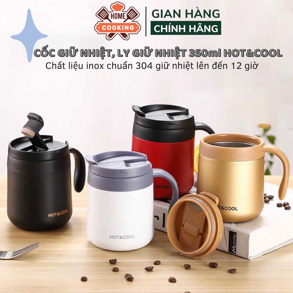 Cốc giữ nhiệt văn phòng Hot&Cool có tay cầm dung tích 350ml, chất liệu inox 304 vỏ cao su cao cấp, giữ nhiệt lên đến 12h