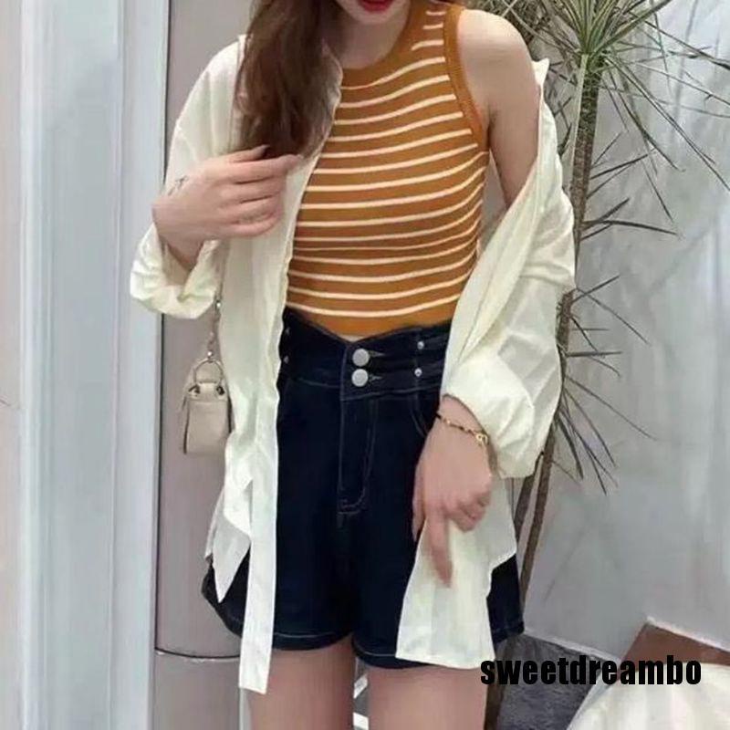 Áo Dệt Kim Sát Nách Cổ Tròn Kẻ Sọc Thời Trang Mùa Hè Cho Nữ