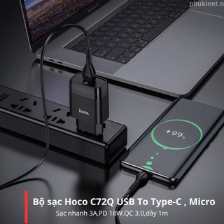 Bộ sạc nhanh hoco c72q cổng usb 18w, qc3.0 đầu micro / type-c android dây cáp dài 1m