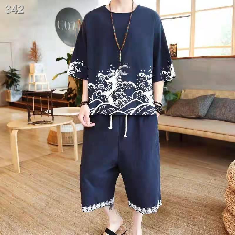 【HOT】✆☬۩Áo phông ngắn tay in hoa phong cách Trung Quốc mùa hè bộ trang phục nam Đường rộng rãi cho người béo size lớn Há