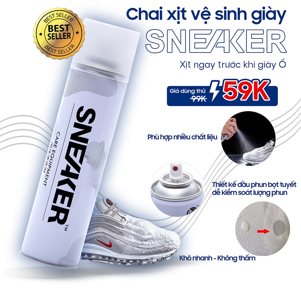 Chai xịt vệ sinh giày Sneaker 300ml bọt tuyết, bình sịt làm sạch giầy cao cấp, lọ dung dịch giặt khô không cần dùng nước