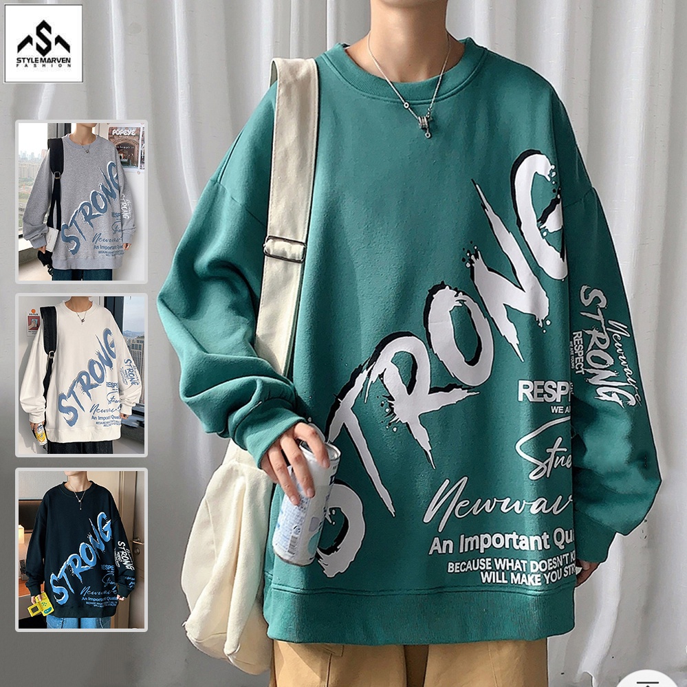 Áo hoodies cổ tròn nam dài tay STYLE MARVEN in phối chữ STRONG - AO TOP NAM 90000196C