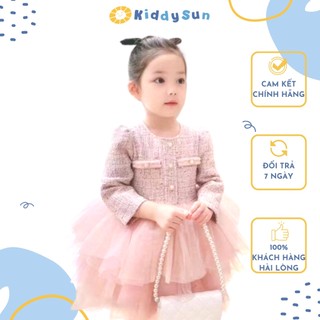 Váy hồng dạ tweed dài tay cao cấp cho bé gái KiddySun V88