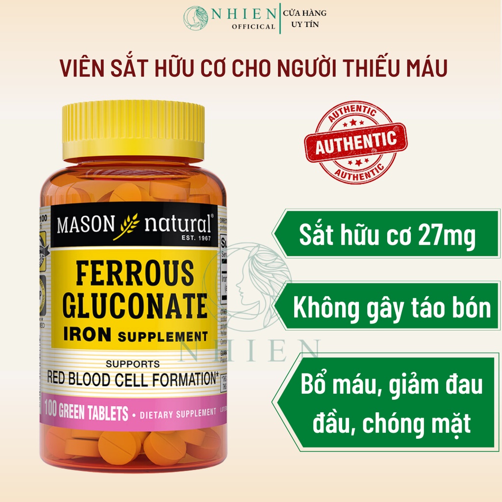 Viên uống sắt hữu cơ Iron 27mg Ferrous Gluconate bổ máu, giảm đau đầu, chóng mặt do thiếu máu Mason Natural 100 viên