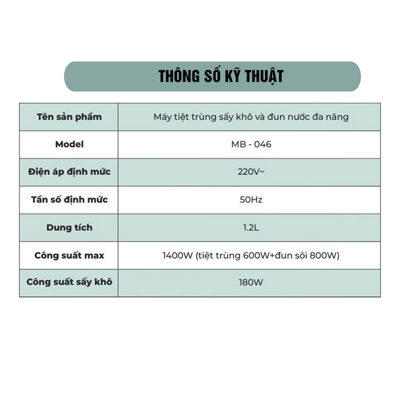 MÁY TIỆT TRÙNG SẤY KHÔ VÀ ĐUN NƯỚC ĐA NĂNG Moaz BéBé MB046 - BẢO HÀNH CHÍNH HÃNG 12 THÁNG