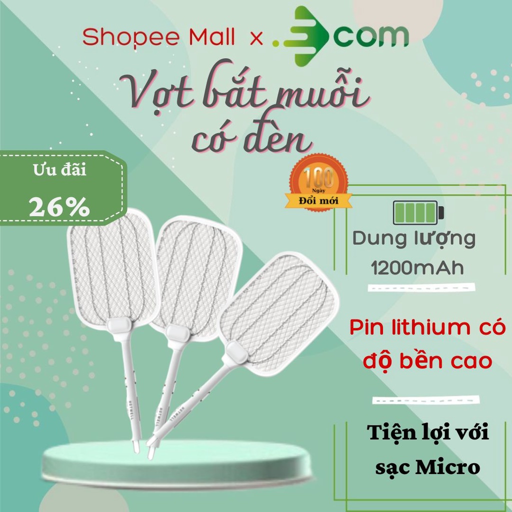 Vợt muỗi thông minh Hotwell MR12H3 kiêm đèn bắt muỗi 2 in 1  dung lượng 1200mAh, có móc treo tiện lợi, bảo hành 1 năm.