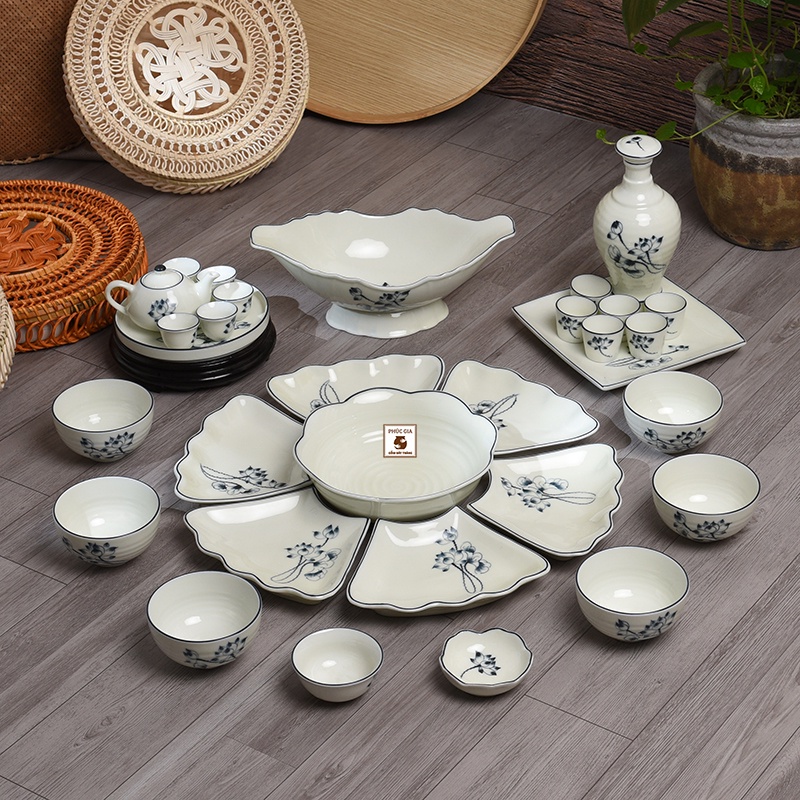 Bộ Bát Đĩa Hoa Mặt Trời men kem chỉ xanh hoa văn đài sen,Bộ bát đĩa cúng tết Gốm Bát Tràng, nhiều mẫu mã set 7-32 món