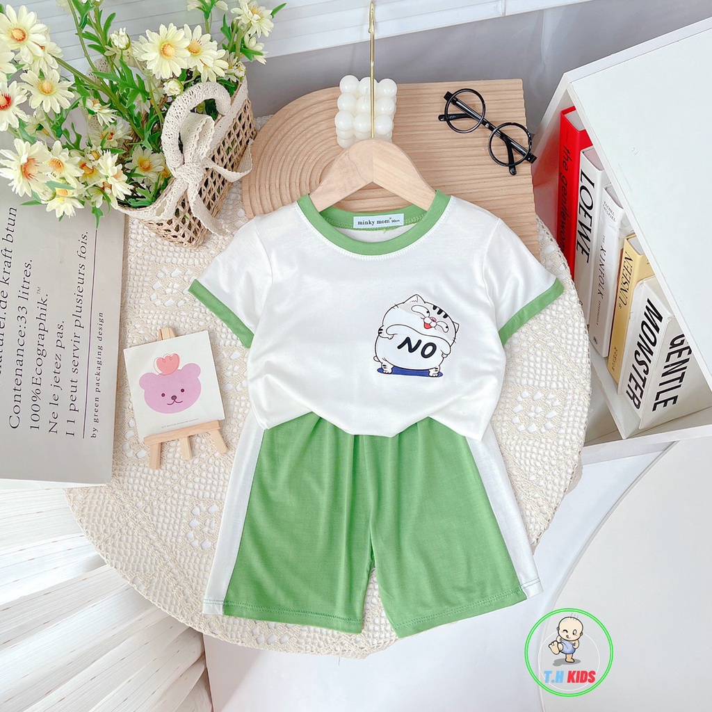 Bộ cộc tay, bộ quần áo cho bé trai, bé gái MINKY MOM in Mèo Ngố kute in pet không bong tróc