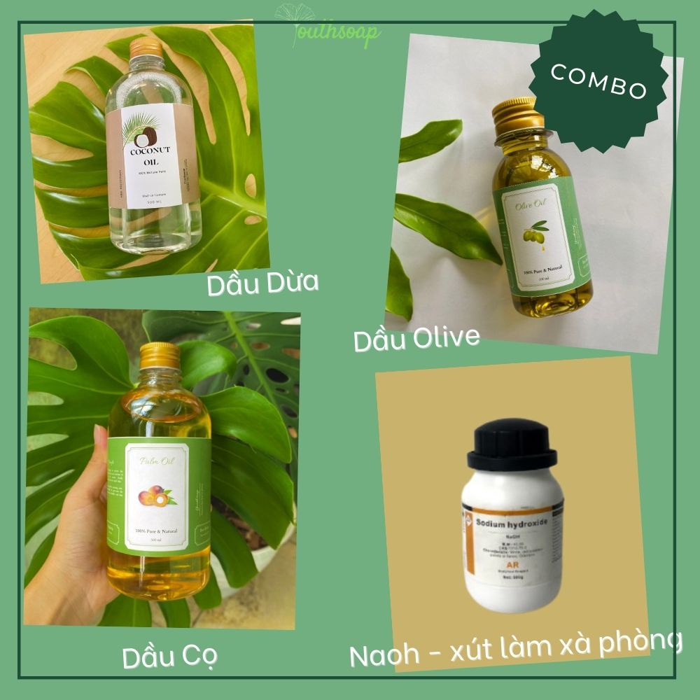 Set nguyên liệu làm xà phòng handmade, combo 3 loại dầu làm xà phòng kèm xút naoh