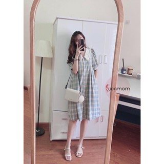 Đầm babydoll kẻ xanh, váy công sở chất đũi kẻ xanh cổ trắng tay bồng dáng rộng bầu bí mặc được