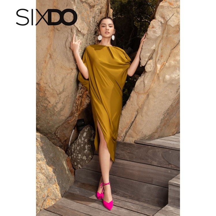 Đầm lụa midi freesize màu vàng nâu thời trang SIXDO
