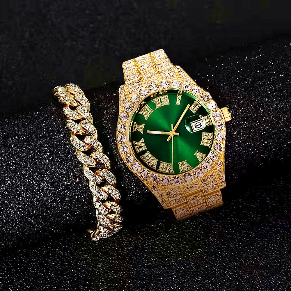 Đồng hồ đeo tay dây thép không gỉ đính đá mặt số La Mã có lịch phong cách công sở dành cho nam