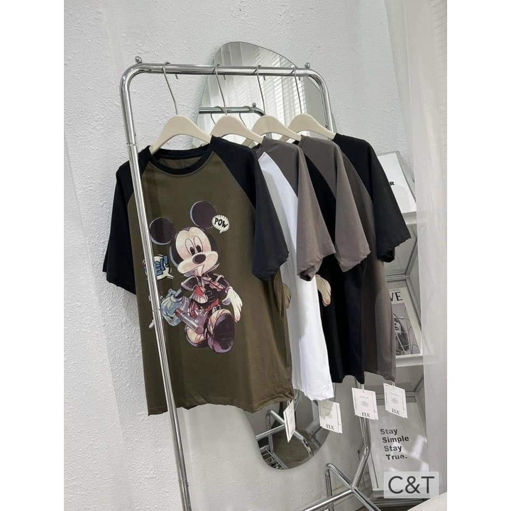 Áo phông thun form rộng unisex 3158 mặc đôi chất cotton hình mickey phối tay
