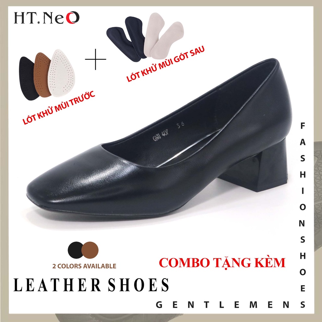 Giày nữ gót vuông 4cm HT.NeO ,Giày công sở mũi vuông da trơn đế kếp da mềm thoải mái phong cách thanh lịch đơn giản GN48