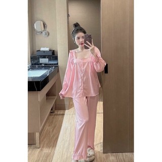 Bộ Pijama Tiểu Thư Sang Chảnh Lụa Xước Ánh Kim Cổ Vuông Mới Tay Dài Tay Ngắn Tiểu Thư Xinh Xắn