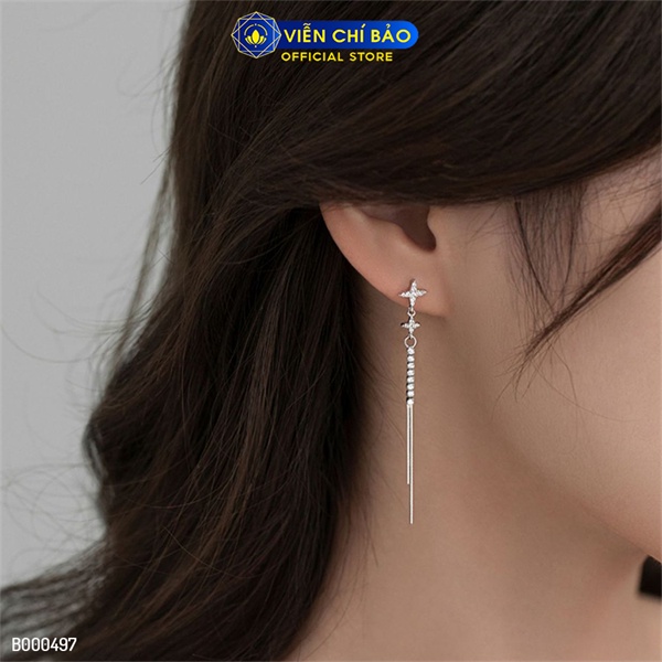 Bông tai bạc nữ sao 4 cánh dài đính đá chất liệu bạc Ý 925 thời trang phụ kiện trang sức Viễn Chí Bảo B000497