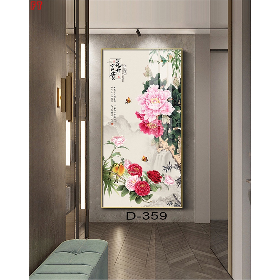 Tranh canvas treo tường hoa mẫu đơn hồng phong thủy khổ dọc
