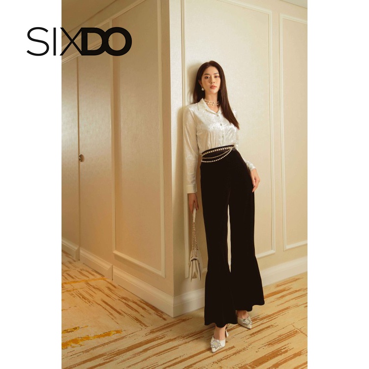 Quần nhung ống loe thời trang SIXDO (Black Ruffled Wide Leg Velvet Pants)