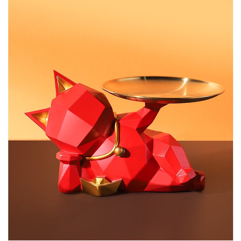 Tượng Mèo thần tài hình học bưng đĩa phong cách Bắc Âu sang trọng trang trí để bàn