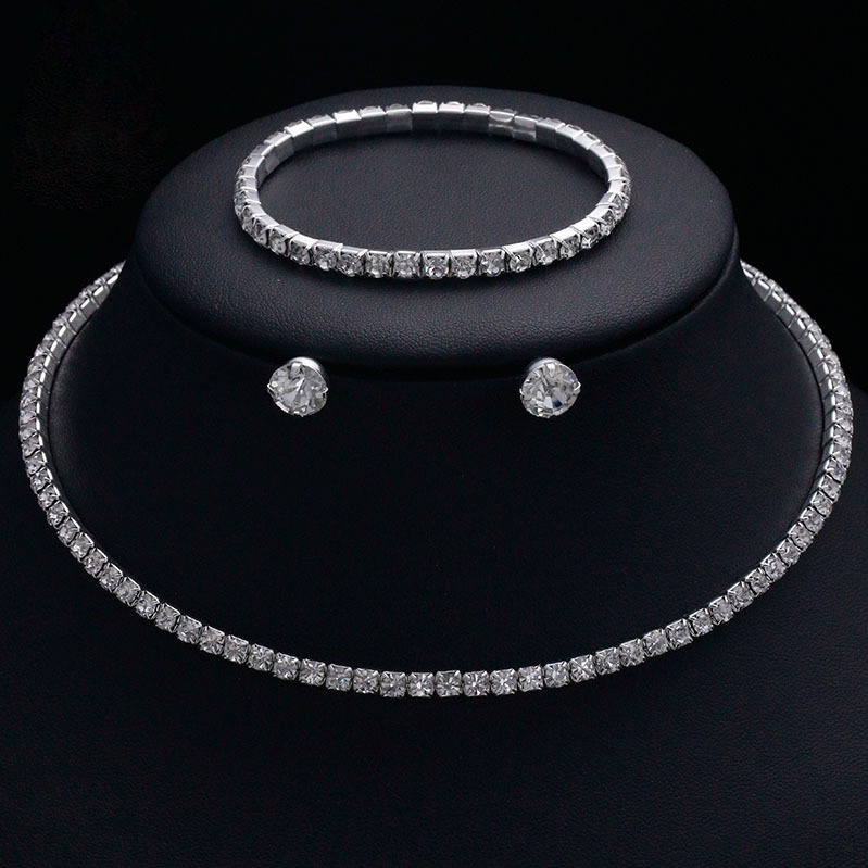 Bộ trang sức nữ bạc 3 món dây chuyền vòng tay bông tai đính đá cá tính