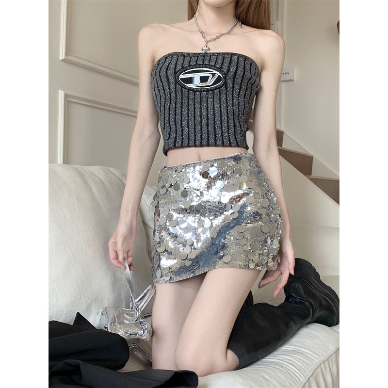 QADCOL Bộ Áo Dệt Kim Ôm Dáng Phối Chân Váy Lưng Cao Đính Kim Sa Lấp Lánh Quyến Rũ Cho Nữ