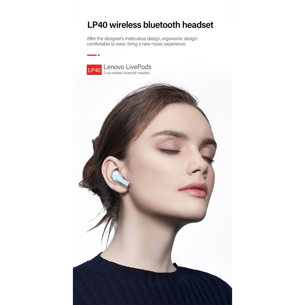 Tai nghe bluetooth Lenovo LP40PRO, cảm ứng chạm, âm thanh hifi, chống nước, nghe nhạc 5h, bảo hành 12 tháng