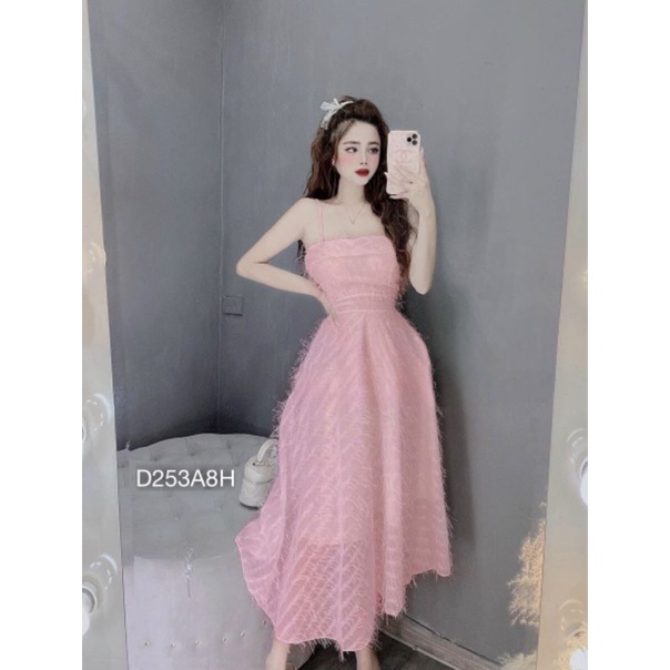 Đầm Hai Dây Midi Xòe Cúp Ngực Dáng Dài Chất Lông Vũ ,Đầm Body Dự Tiệc Sang Chảnh Màu Xanh /Hồng ,Bebedoll