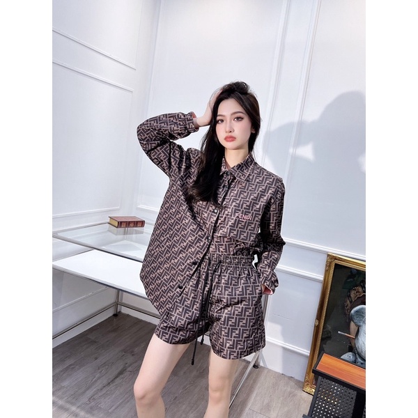 Bộ đồ nữ áo sơ mi dài tay và quần đùi chất liệu cao cấp chữ F đôi Fendi FD 2023