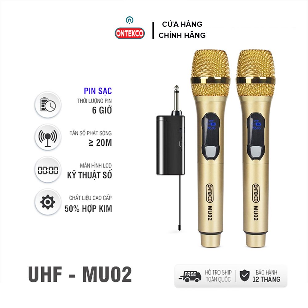 Trọn bộ micro đôi ONTEKCO MU02 GOLD pin sạc| ONTEKCO E6s pin con thỏ không dây dùng cho mọi loại loa