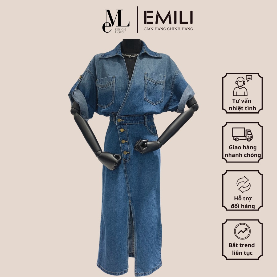 Váy jeans nữ liền thân Emili thiết kế form áo cánh dơi với cùng chân váy xẻ tà trước [V146]