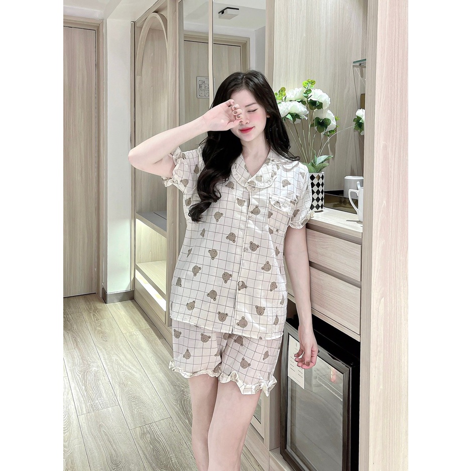 Set Đồ Ngủ Pijama Nữ Chất Vải Đũi Cổ Bèo Tay Ngắn Quần Đùi - Dài Họa Tiết Gấu Caro Freesize