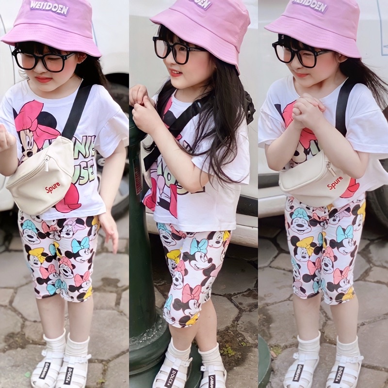 Set 2 bộ mickey ngố bé gái, đồ bộ lửng phối áo cộc tay mùa hè họa tiết disney hoạt hình cực xinh và dễ thương