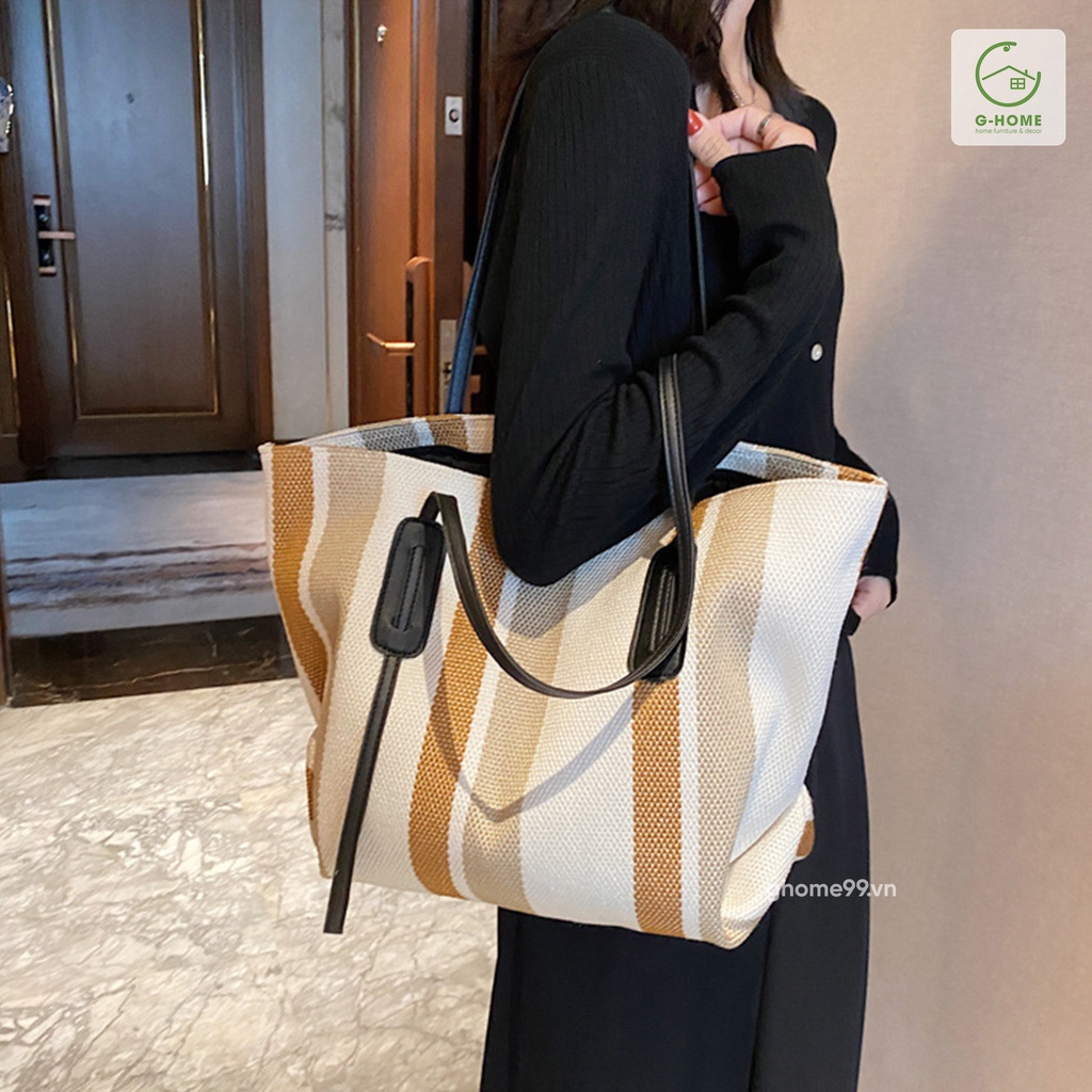 Túi xách đeo vai nữ Ghome trang nhã, túi tote đa năng cỡ lớn vải canvas quai da siêu bền Travel bag DL23M10