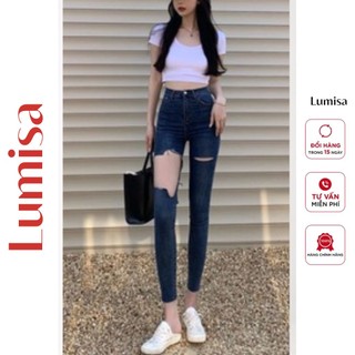 Quần jean nữ lưng cao rách gối co giãn LUMISA, quần bò nữ cạp cao rách gối dáng ôm chất jeans đẹp cao cấp DG01