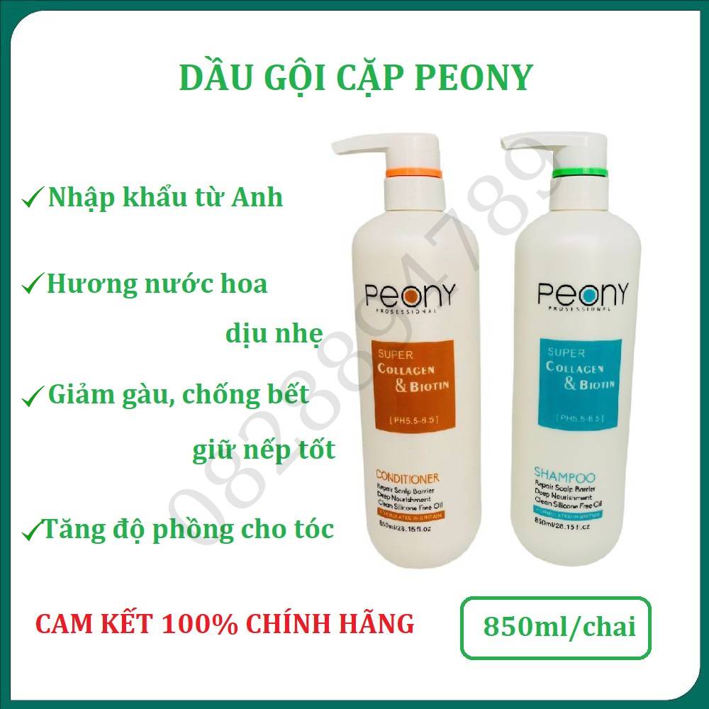 Dầu gội cặp Peony nhập khẩu Anh dung tích 850ml/chai, giúp giảm gàu, tạo độ phồng, giữ nếp tóc, phục hồi hư tổn cho tóc