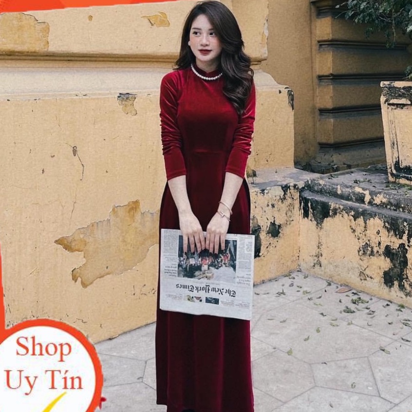 Áo Dài Nhung Truyền Thống Cổ Vuông Phong Cách Xưa Cổ Điển Mặc Dự Tiệc Lễ Tết Đẹp Sang Trọng