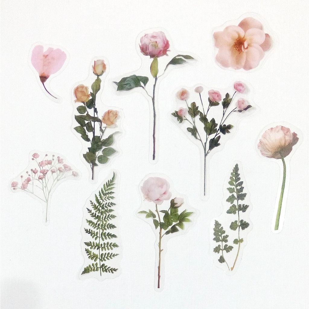 Sticker PET họa tiết hoa lá, nhãn dán vintage chất liệu nhựa trong