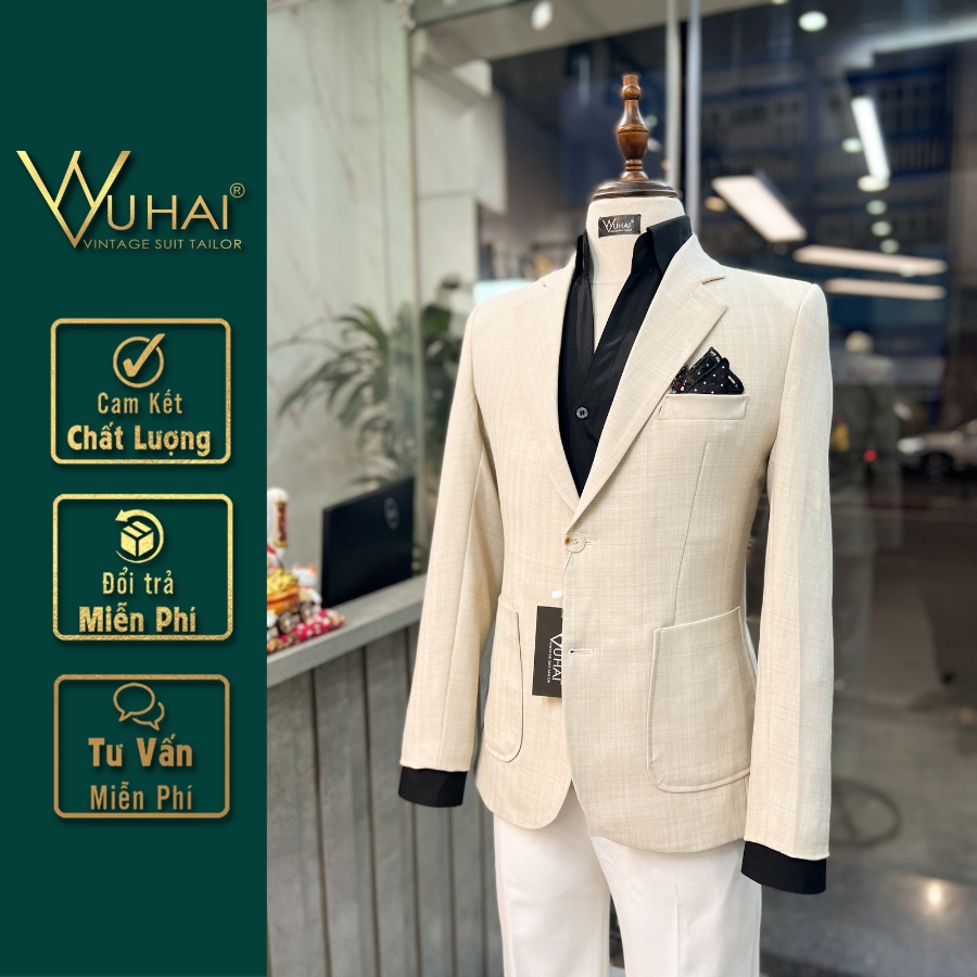 Áo Khoác Vest Màu Kem Nhạt, Chất Liệu Xatin Xước 2 Cúc, Túi Ốp Trẻ Trung-VuHai