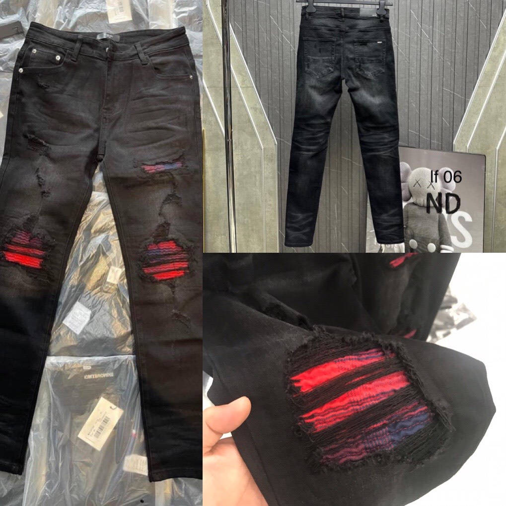 Quần bò nam ống côn Amiirri đen vá đỏ new, Quần jean nam đen amirii vá đỏ chất lượng quảng châu LF06
