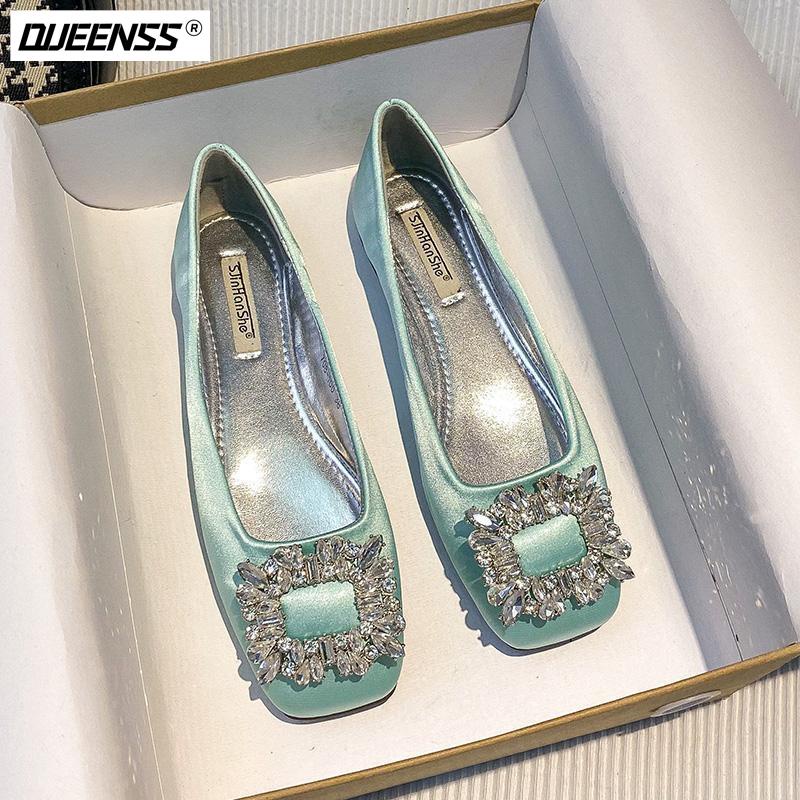 Giày Búp Bê Mũi Vuông Đế Bằng Đính Đá Trang Trí Sang Trọng Thời Trang 2023 Phong Cách