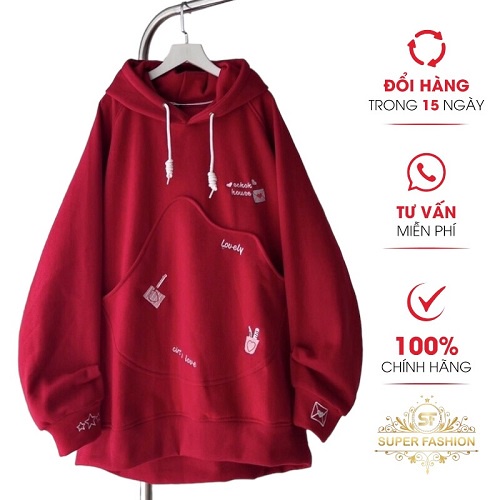 Áo Hoodies Nữ SUPER FASHION Vải Nỉ In Hình Nón 2 Lớp Túi Lớn Y Hình