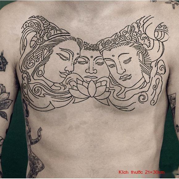 Phật ba mặt dán hình xăm ngực hình lớn nam nữ xăm secant dòng full lưng hình xăm dán chống thấm nước bền lâu