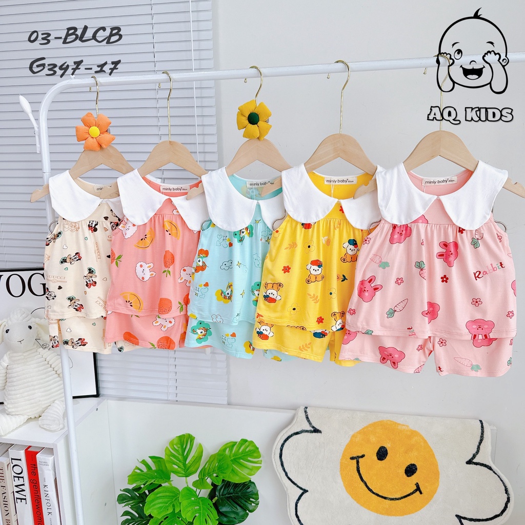 Bộ bé gái Size 80-130 (8-21kg) Bộ ba lỗ thun lạnh cổ bẻ lá sen, Style tiểu thư cho bé gái Minly Baby