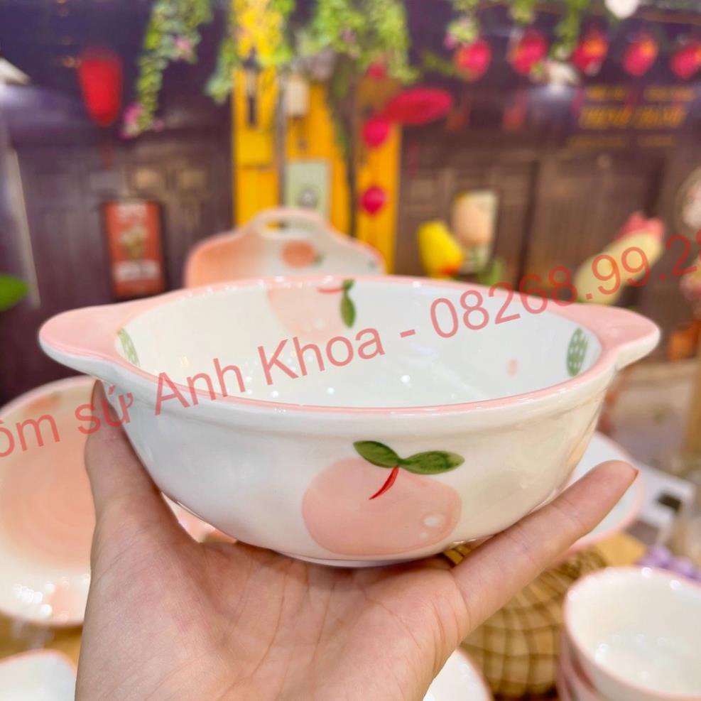 Siêu Sale - Bát Đĩa Gốm Sứ Decor, Bát Ăn Cơm, Bát Ăn Chè, Chén Dĩa Dễ Thương Bộ Đào Hồng 14 Món Xinh Yêu Cho Gia Đình