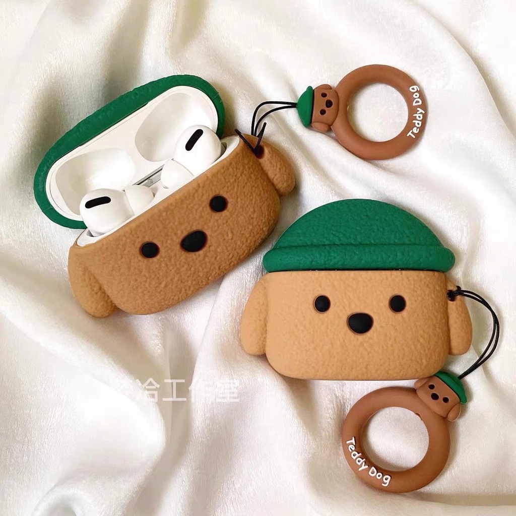 Vỏ Bảo Vệ Hộp Sạc Tai Nghe Bluetooth AirPods 1 / 2 / Pro Gắn Móc Khóa Hình Chú Chó Teddy Màu Hồng Dễ Thương